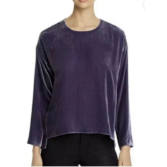 Eileen Fisher Boxy Velvet Top M Purple Silk Rayon Drapey Flowy Luxury Hi Low - Picture 1 of 7